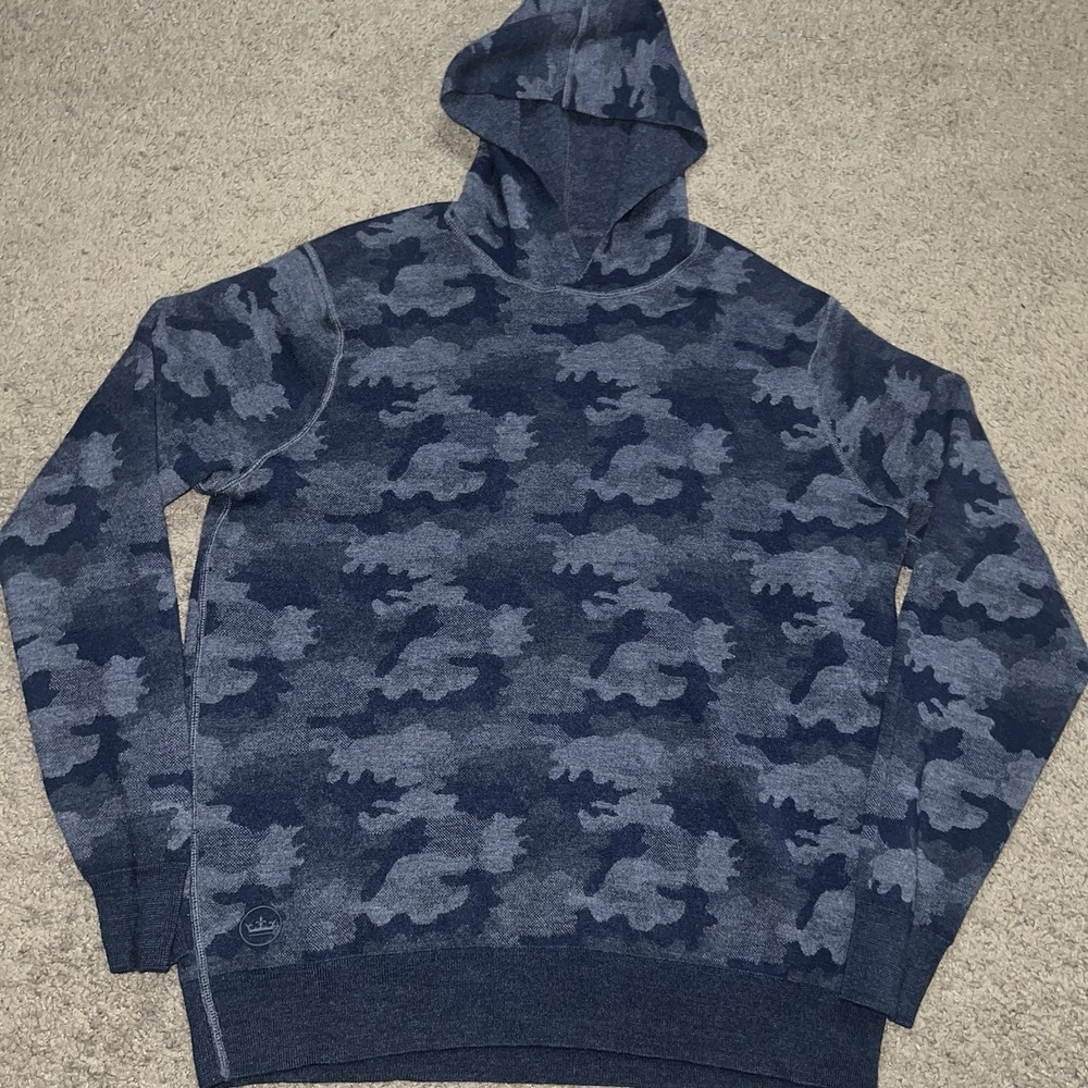 Peter Millar Pine Performance Blue Camo Hoodie Golf Mens Small Merino Wool